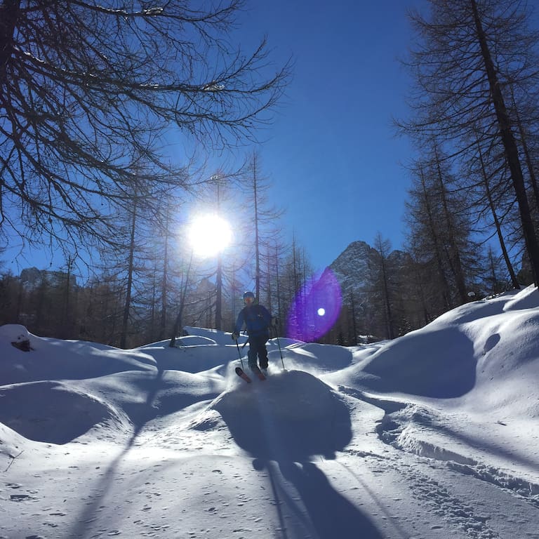 Bei perfekten Bedingungen von der Dolomitenhütte auf die Karlsbader Hütte