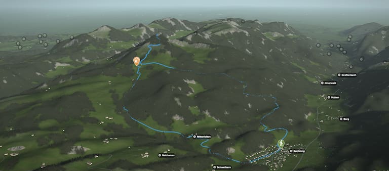 3D-Kartenausschnitt der Wanderung auf den Spitzstein