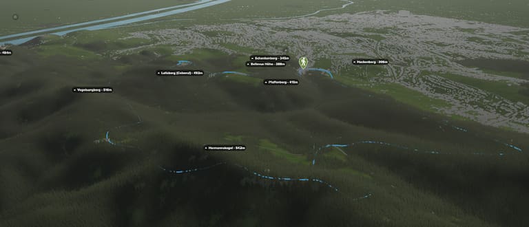 3D-Kartenausschnitt der stadtnahen Wanderung auf den Hermannskogel bei Wien