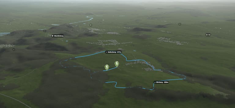 3D-Kartenausschnitt der stadtnahen Wanderung „Traumschleife Hirn- und Gallenberg"