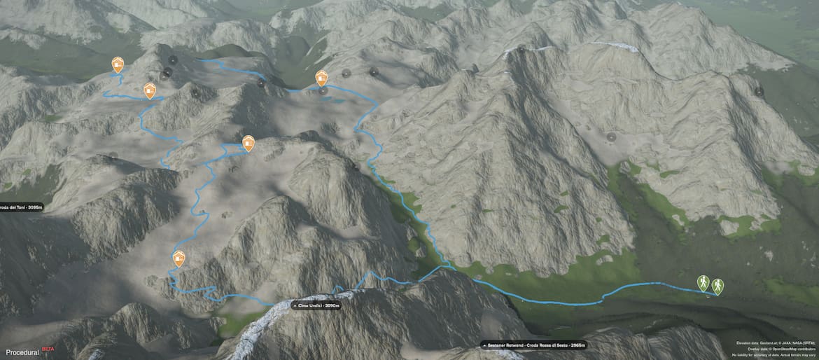 Kartenausschnitt: Die Drei Zinnen-Umrundung in den Dolomiten im Gesamtüberblick