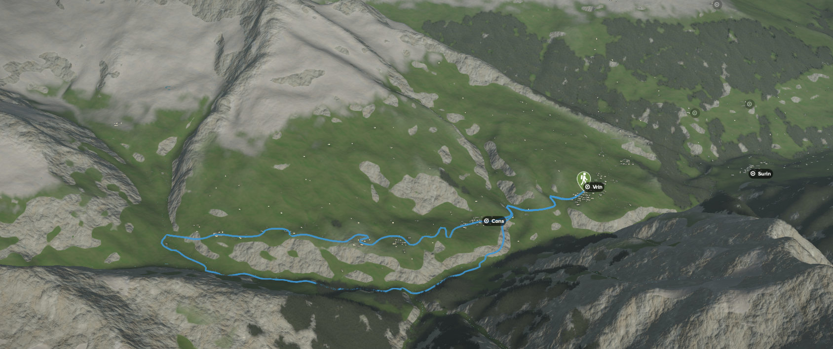 3D-Kartenausschnitt der Rundwanderung im Val Lumnezia