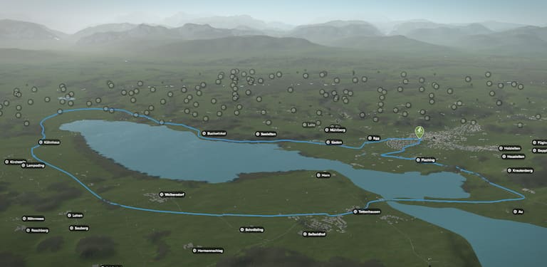3D-Kartenausschnitt der Mountainbike-Tour rund um den Waginger See