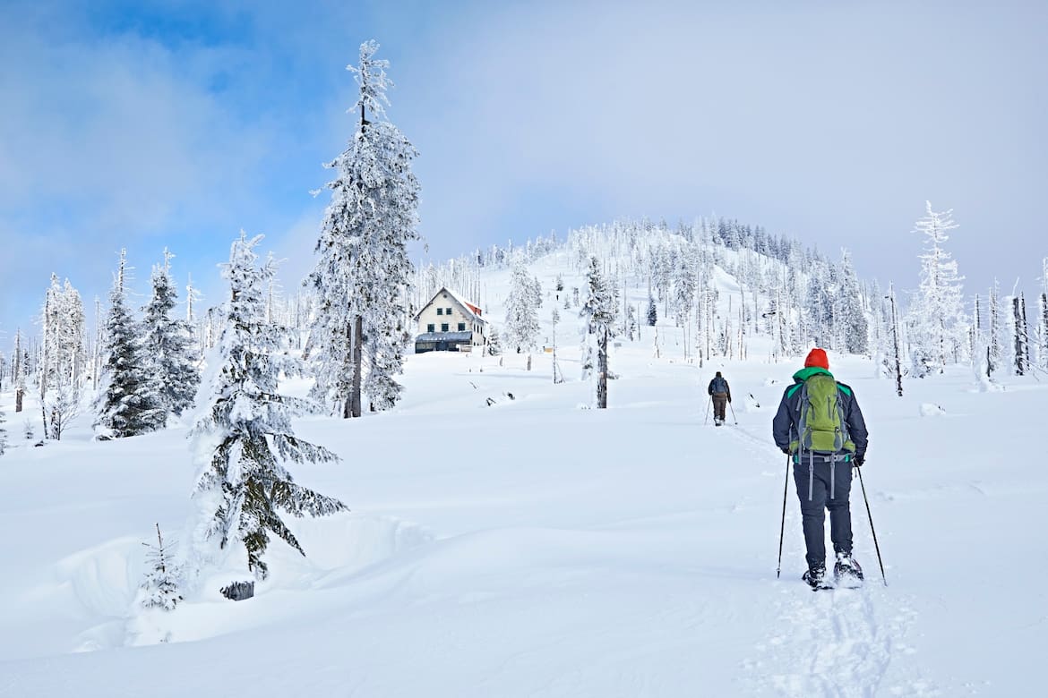 Im Winter kann der Nationalpark Bayerischer Wald auf Winterwanderwege oder mit Schneeschuhen erkundet werden.