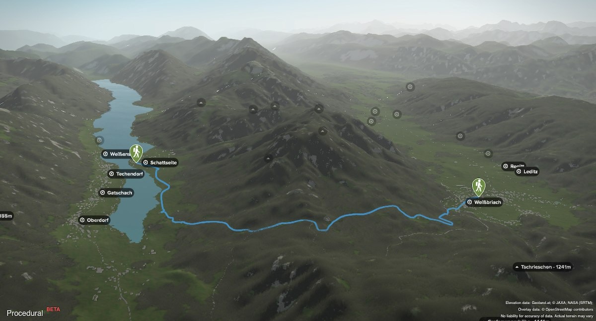 3D-Kartenausschnitt der Wasserwanderung Weißbriach-Kreuzberg-Weißensee