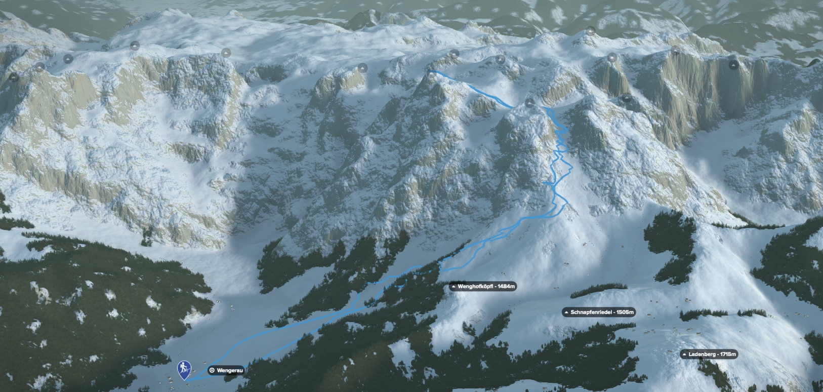 3D-Kartenausschnitt der Skitour auf den Eiskogel (2.321 m) von Wengerau aus