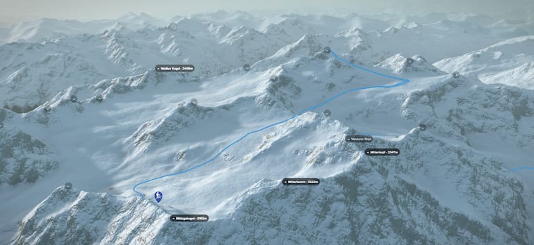3D-Kartenausschnitt der Skihochtour auf die Wildspitze