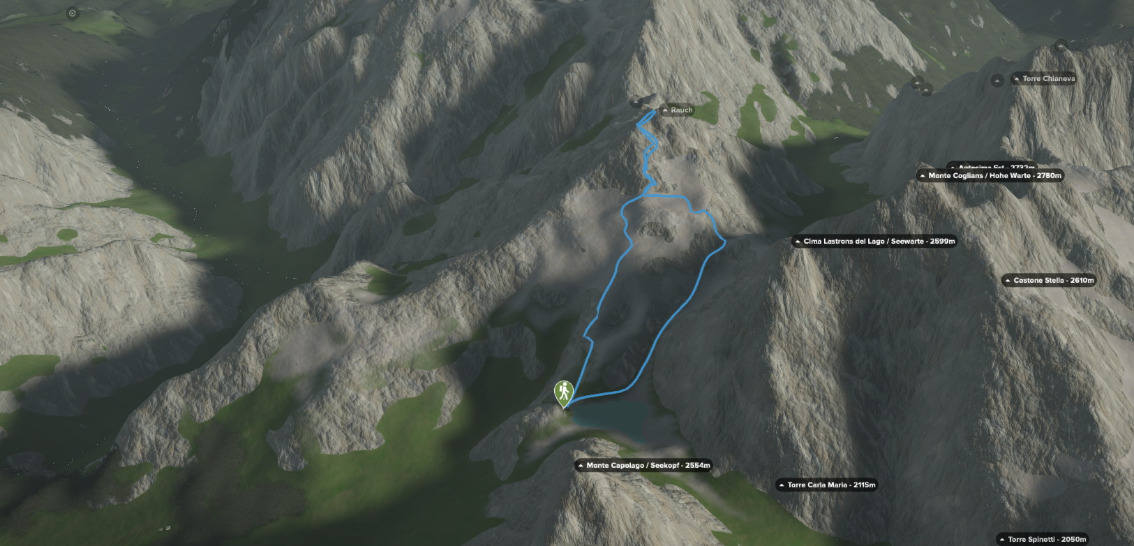 3D-Kartenausschnitt der Wasserwanderung Wolayerseehütte - Rauchkofel
