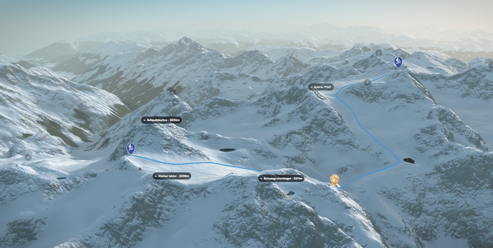 3D-Kartenausschnitt der Skihochtour auf das Zuckerhütl