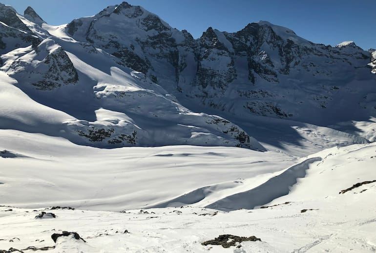 Blick auf Piz Palü und Piz Bernina